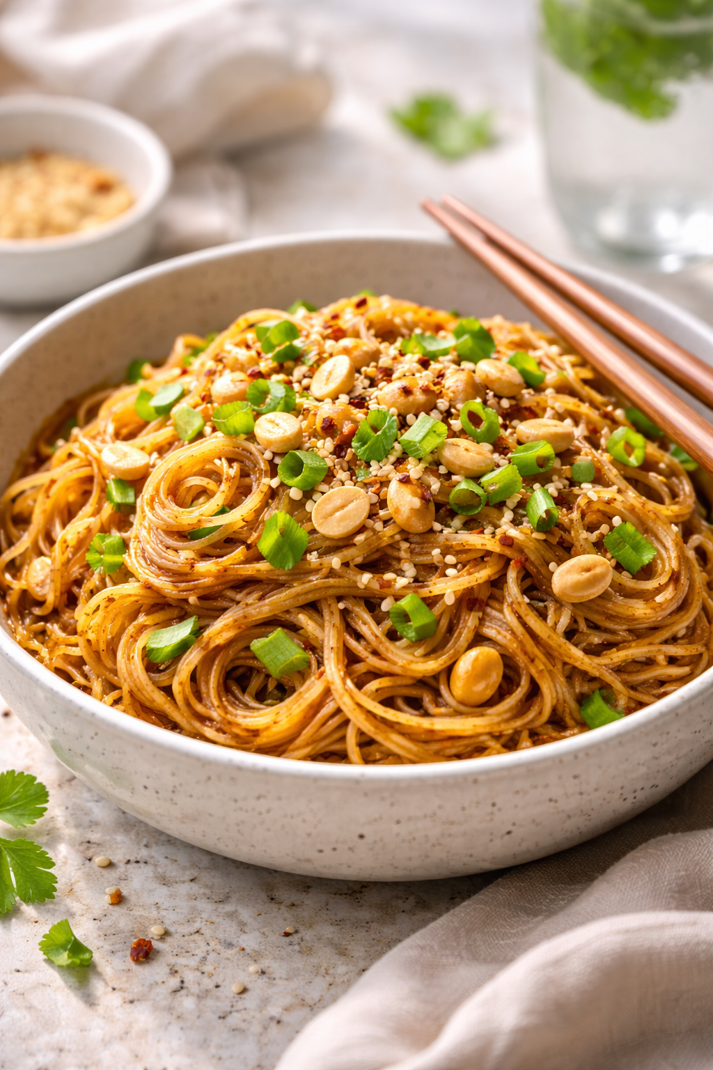 Spicy garlic ramen noodles in a bowl with green onions, peanuts and sesame seeds, served in natural soft light
