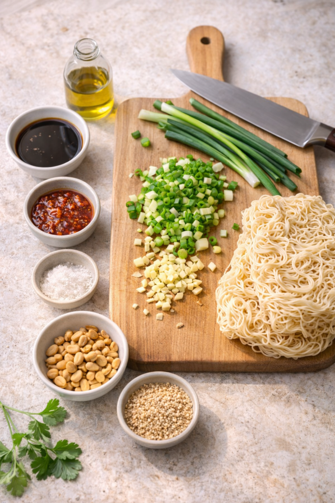 Ingredients for spicy garlic ramen noodles on a kitchen counter with cutting board and knife, ready for cooking