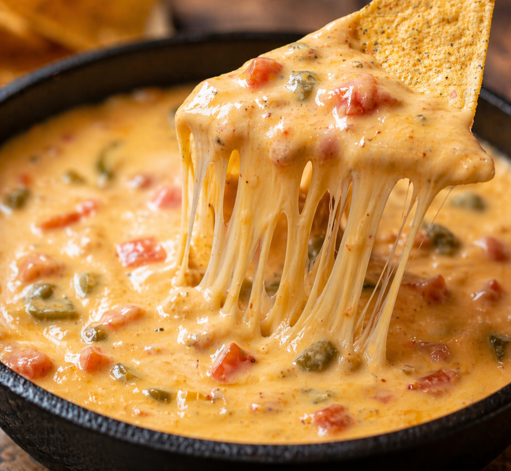close up of spicy queso dip with melted cheese stretching from tortilla chip creamy texture