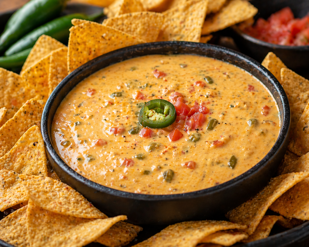 tortilla chips served with creamy spicy queso dip in bowl casual sharing scene