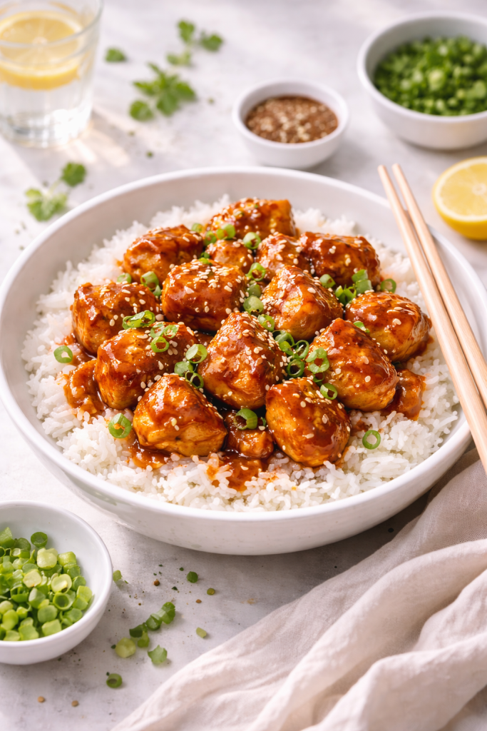 Sticky honey Korean chicken served over rice with sesame seeds and green onions in bright natural light