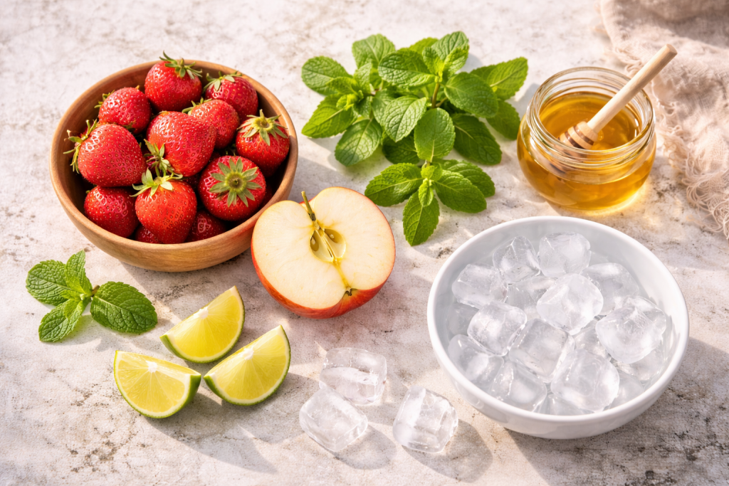 Fresh ingredients for strawberry apple smoothie including strawberries, apple and mint arranged casually on a kitchen surface
