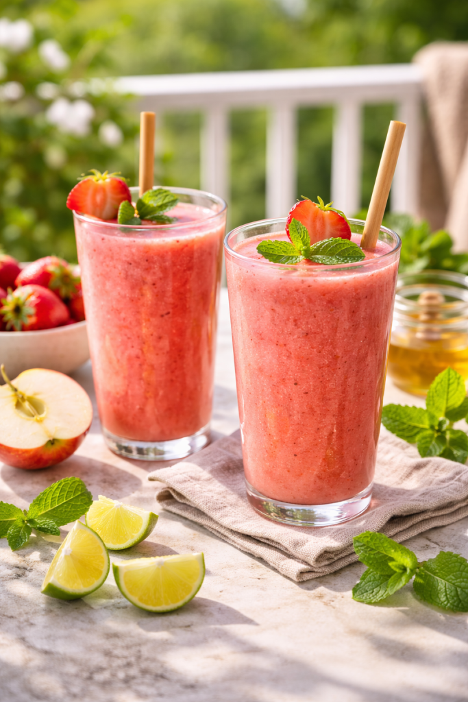 Strawberry apple smoothie with mint served in a glass on a sunny summer afternoon