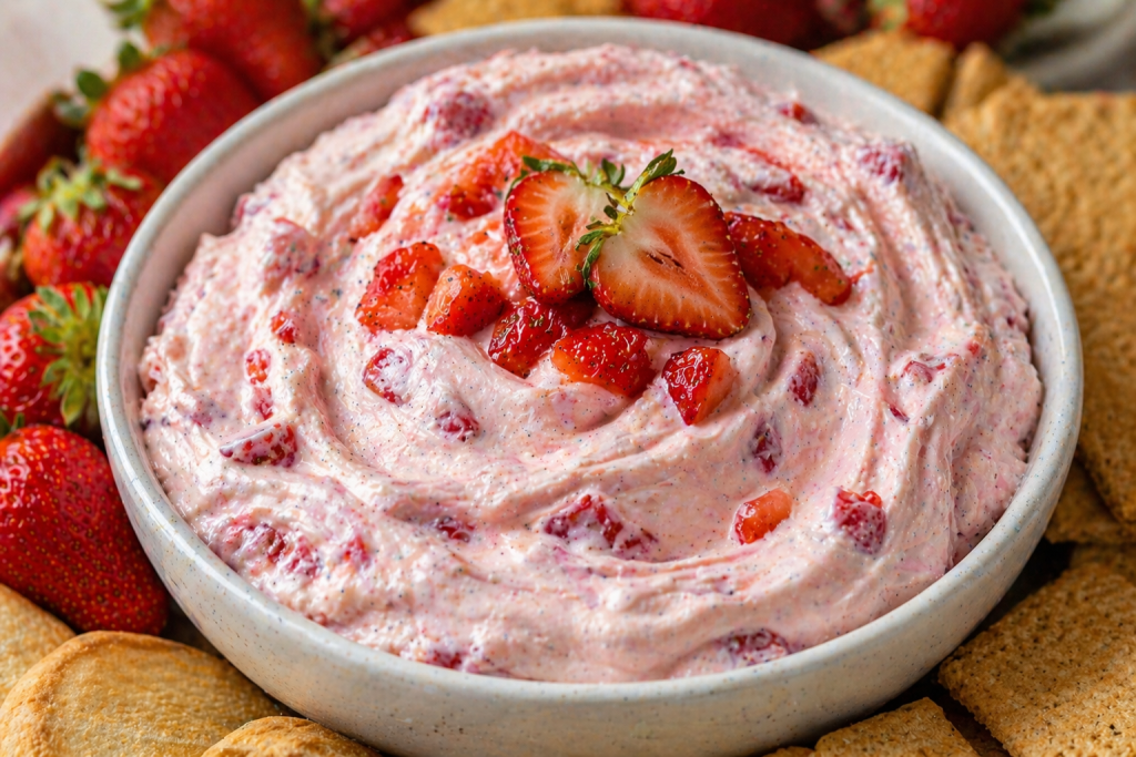 creamy strawberry cheesecake dip with fresh strawberry pieces and smooth swirl texture close up