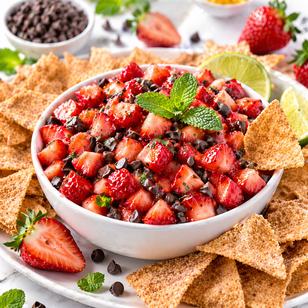 strawberry salsa with chocolate chips served with cinnamon chips fresh fruit salsa dessert