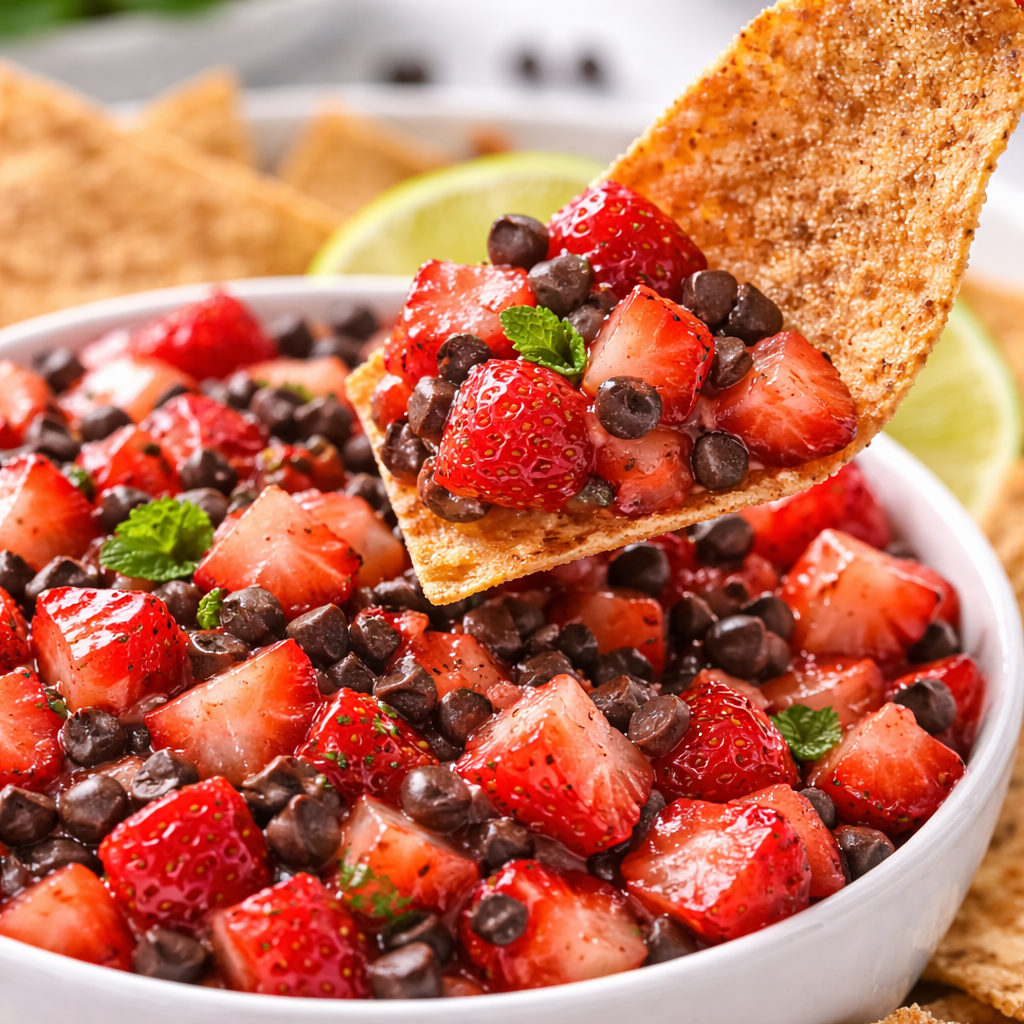 strawberry salsa with chocolate chips scooped with cinnamon chip fresh fruit salsa dessert dip
