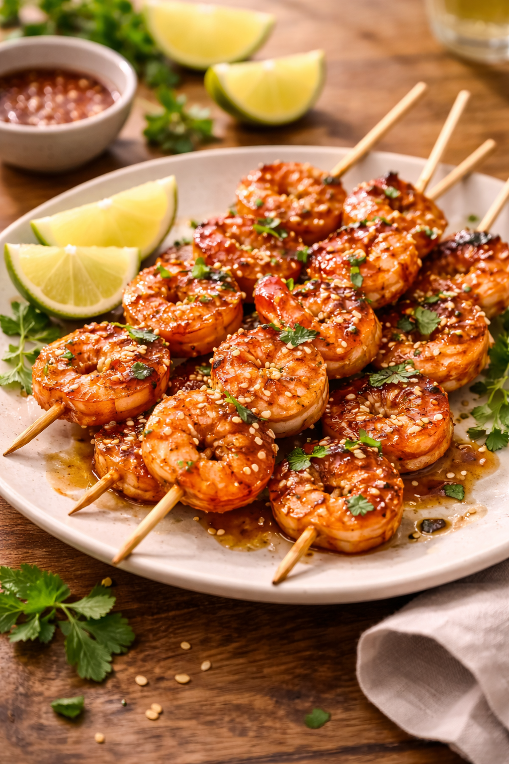 sweet spicy shrimp skewers with glaze and sesame on plate wooden table