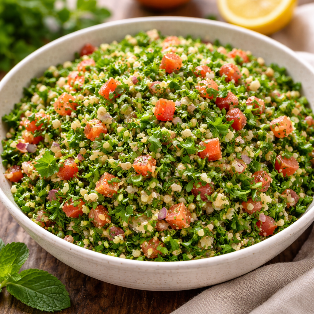 tabouli salad recipe with fresh parsley bulgur tomato lemon and olive oil bright healthy salad