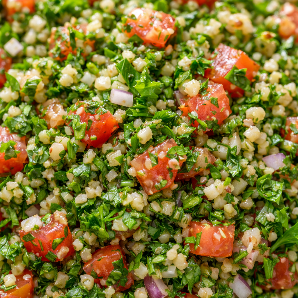 tabouli salad texture close up with parsley bulgur tomato and olive oil fresh salad
