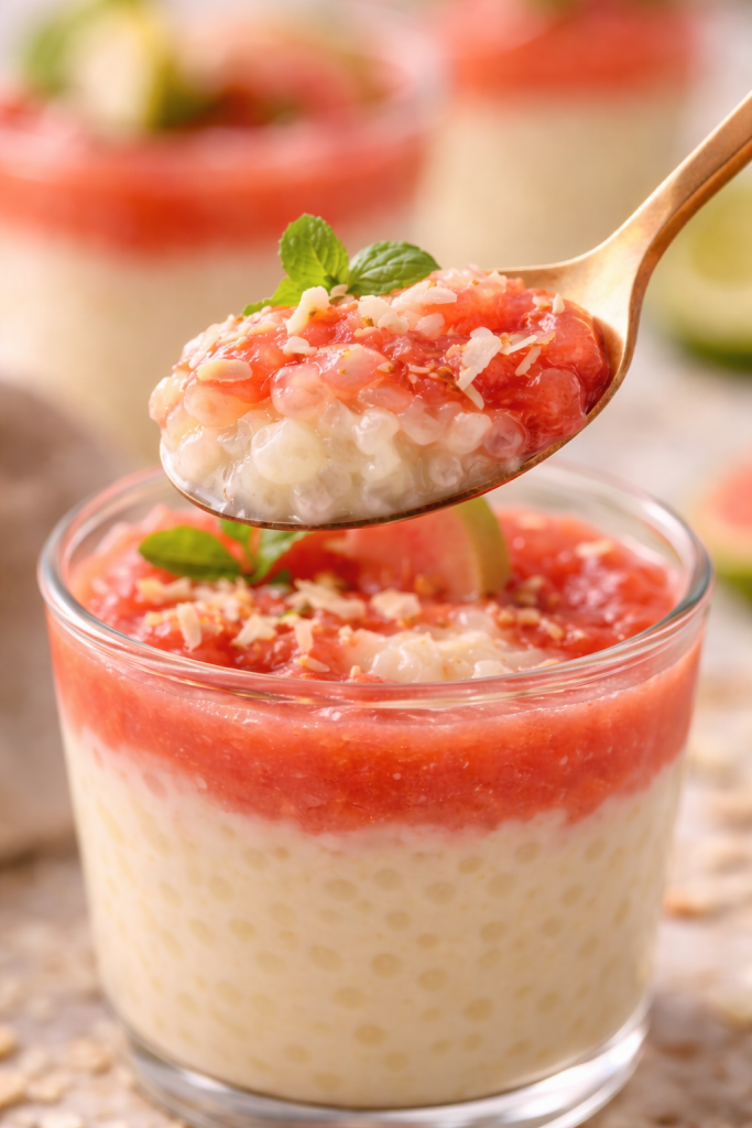 Spoonful of tapioca pudding with guava showing creamy texture and soft pearls
