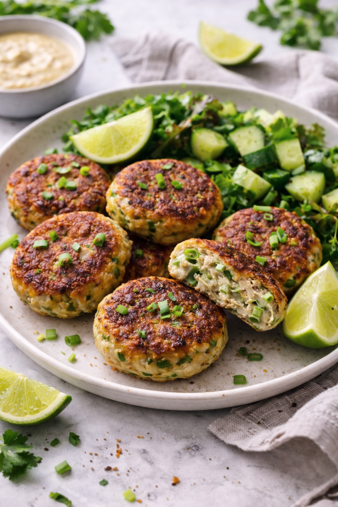 Thai green curry chicken rissoles with crispy golden crust and juicy inside, served with fresh cucumber salad and lime