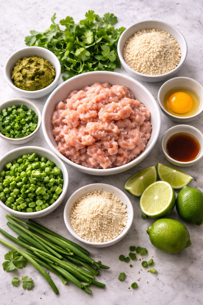 Ingredients for Thai green curry chicken rissoles including ground chicken, green curry paste, herbs, breadcrumbs and lime