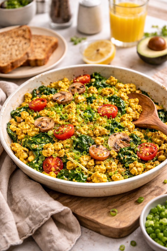 Tofu scramble breakfast with vegetables served in a pan on a kitchen island with toast, avocado and orange juice in a casual morning setting