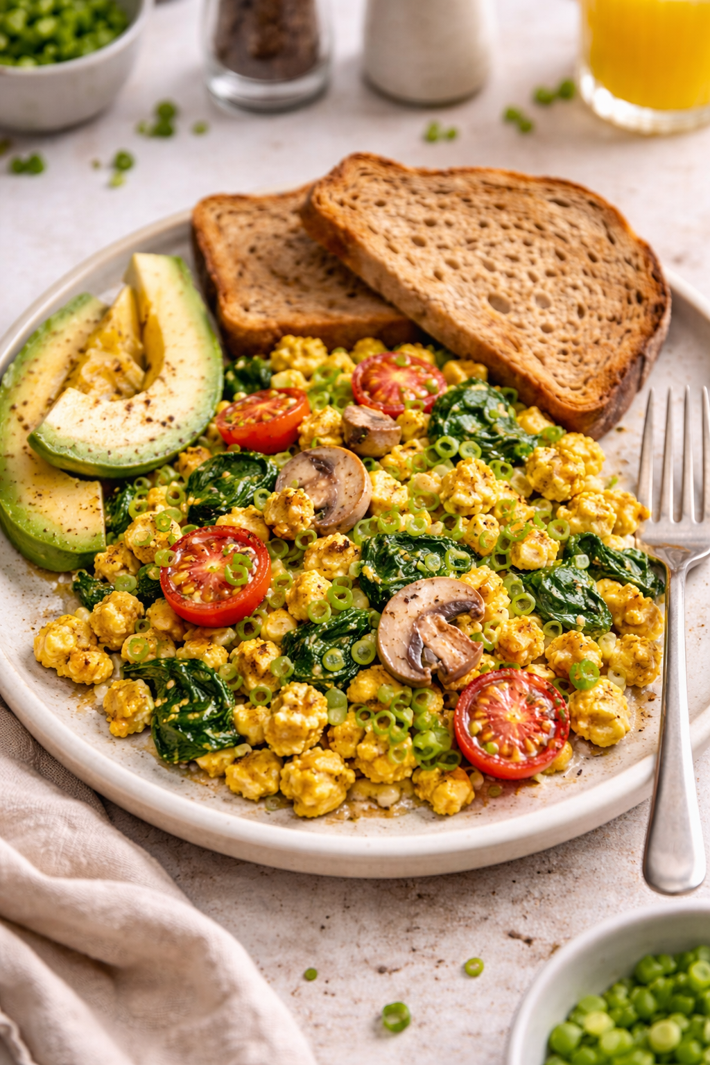 Tofu scramble breakfast served on a plate with toast, avocado, spinach, mushrooms, and cherry tomatoes