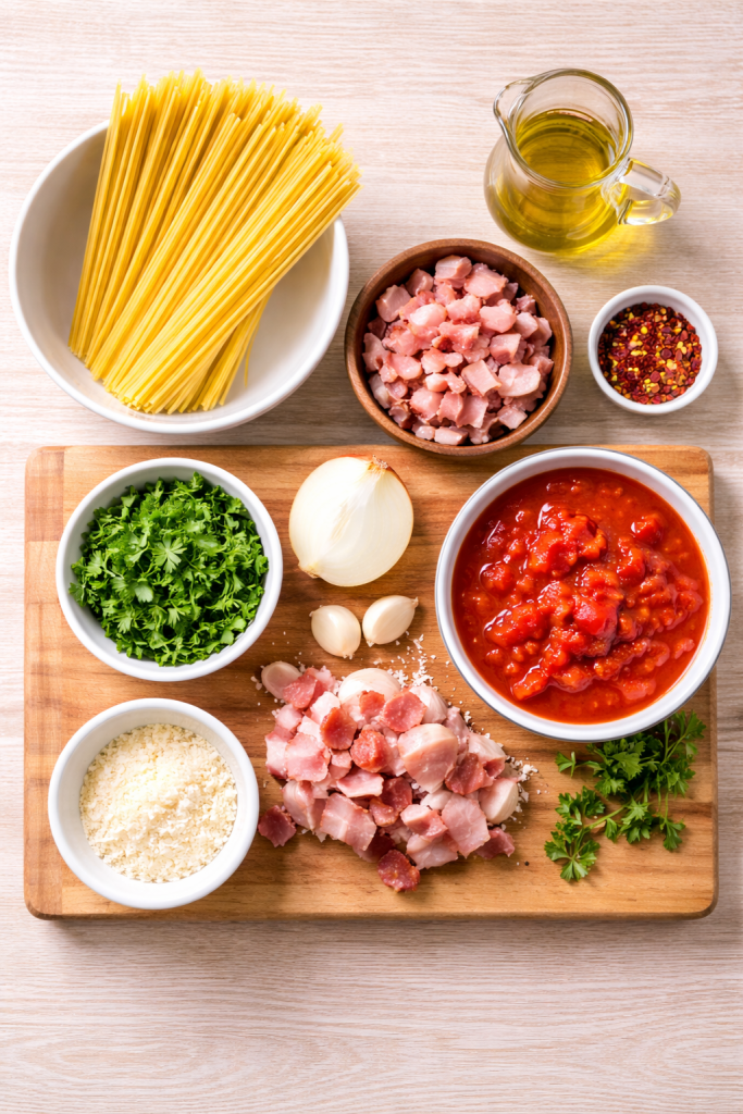 ingredients for tomato and bacon pasta arranged on light wooden table overhead