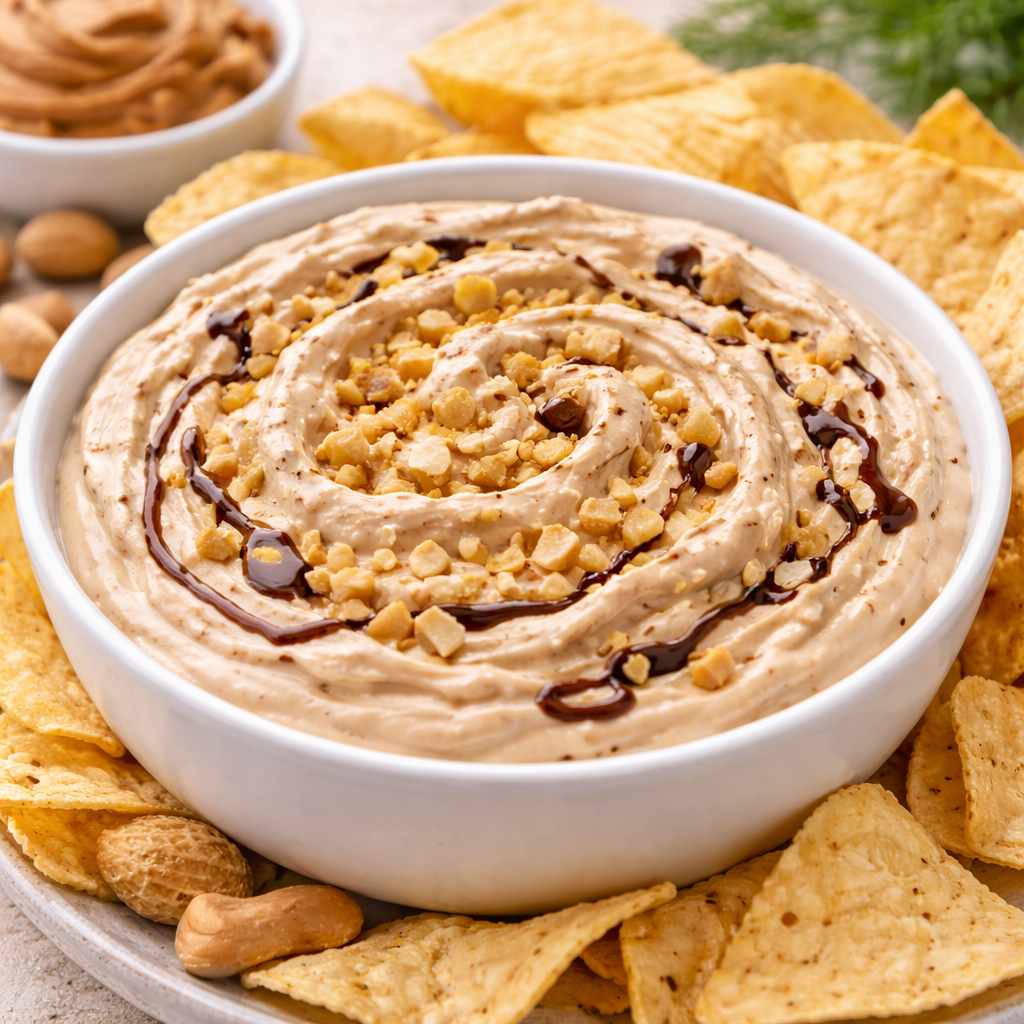 tostitos peanut cheesecake dip with tortilla chips creamy peanut dip with chocolate drizzle and nuts