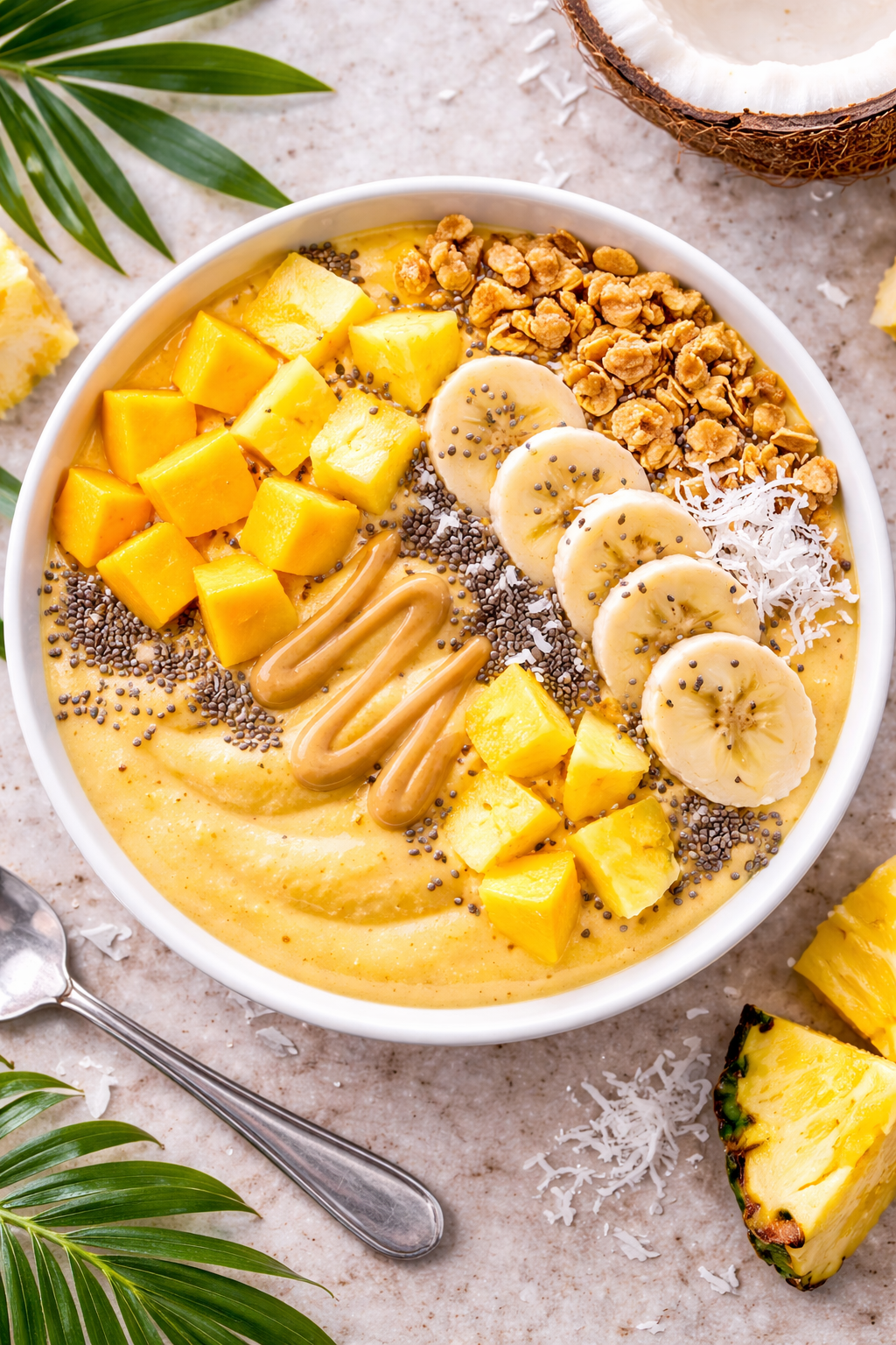 Tropical smoothie bowl with mango, pineapple, banana, granola, chia seeds, and coconut flakes