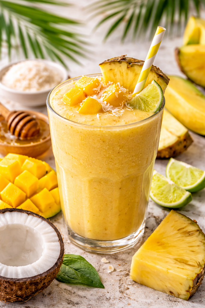Tropical smoothie with mango and pineapple in a glass, topped with fruit and condensation on the glass