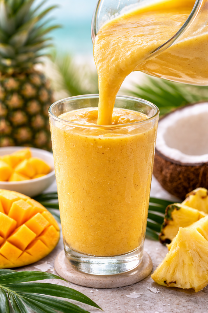 Pouring tropical smoothie with mango and pineapple into a glass, showing thick creamy texture