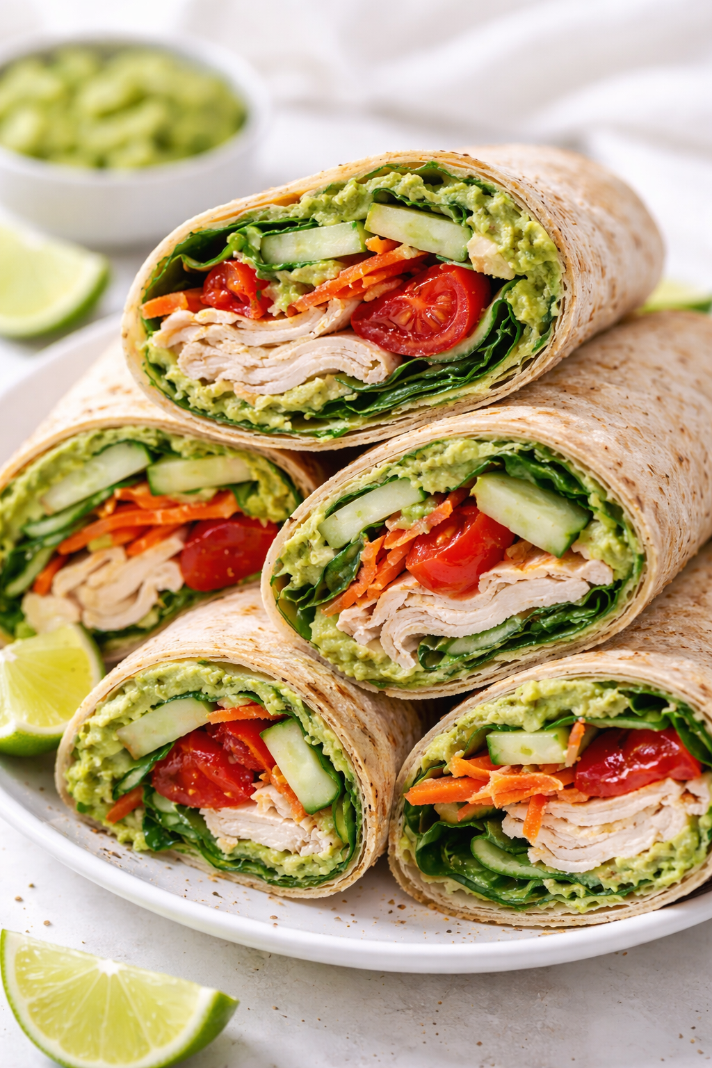 Turkey avocado veggie wrap with fresh vegetables and creamy filling, sliced in half for a quick healthy lunch