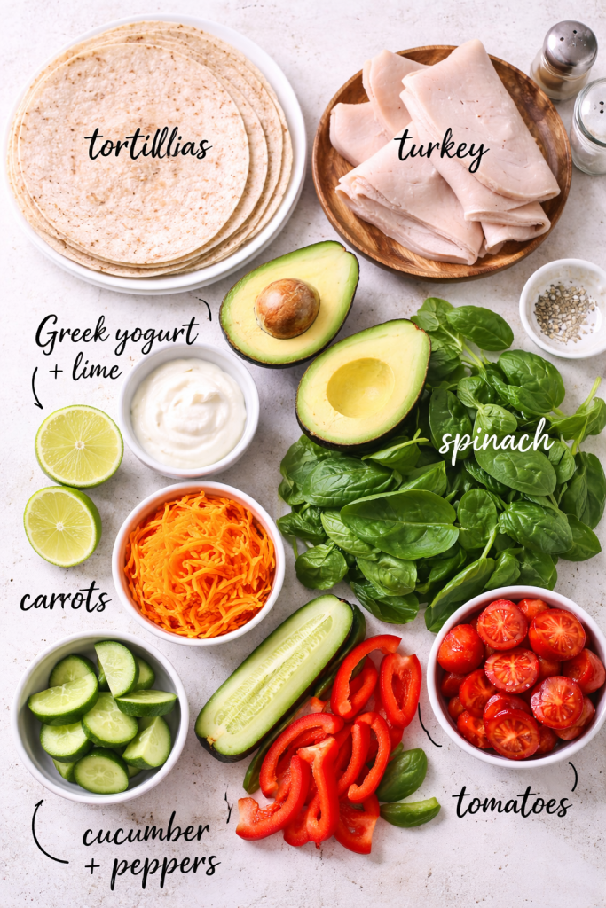Ingredients for turkey avocado veggie wrap including tortillas, turkey, avocado, fresh vegetables, and yogurt spread
