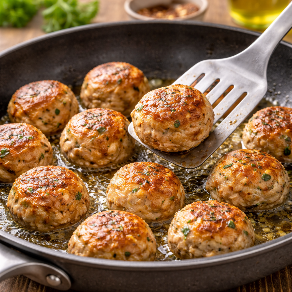 turkey meatballs recipe cooking in pan being flipped with spatula golden brown texture