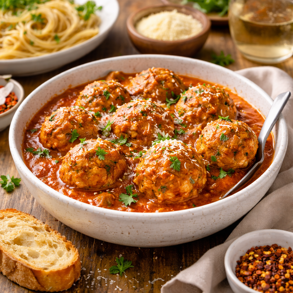 turkey meatballs recipe in tomato sauce served with pasta bread and sides family dinner style