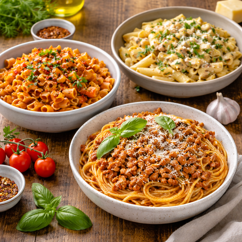 turkey mince pasta recipes with three different pasta dishes including creamy tomato and garlic styles