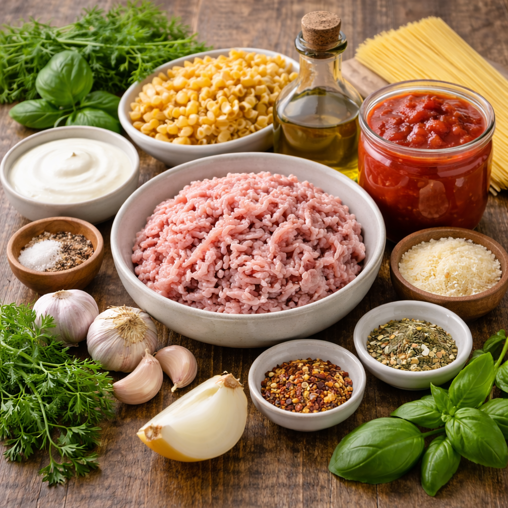 ingredients for turkey mince pasta recipes with ground turkey pasta tomato sauce cream and spices