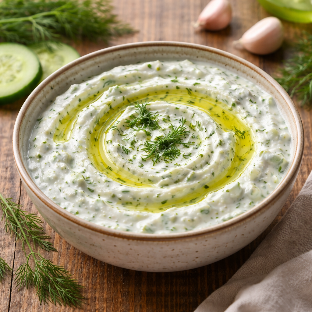 tzatziki sauce recipe in bowl with cucumber dill and olive oil creamy greek yogurt dip