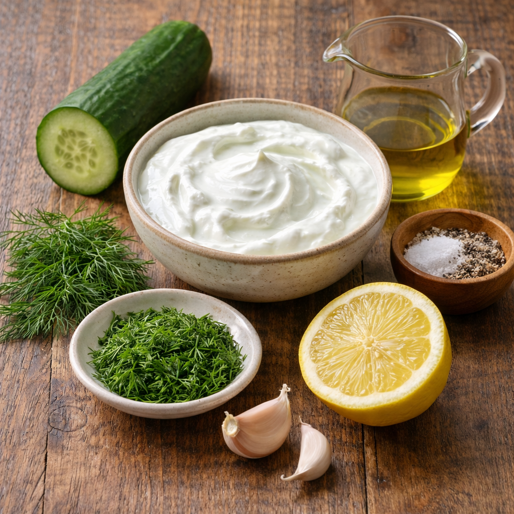 ingredients for tzatziki sauce recipe with greek yogurt cucumber dill garlic lemon and olive oil