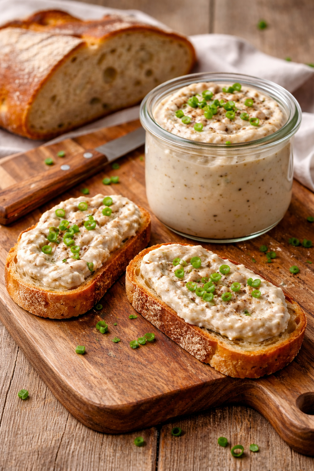 Vegan lard made from white beans in a jar served on toasted bread slices on a wooden board