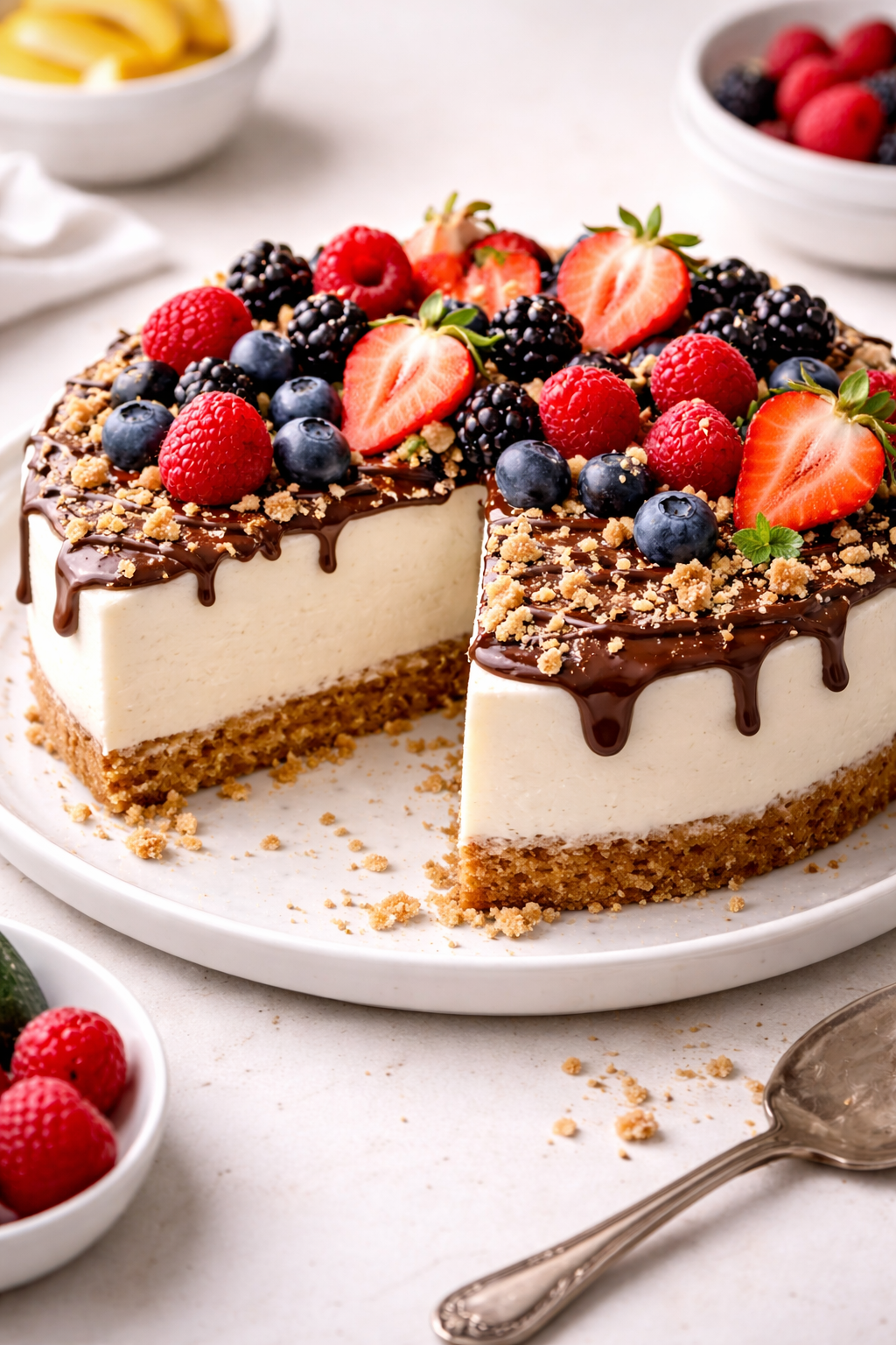 Vegan no bake cheesecake topped with fresh berries, chocolate drizzle and cookie crumbs on a light background