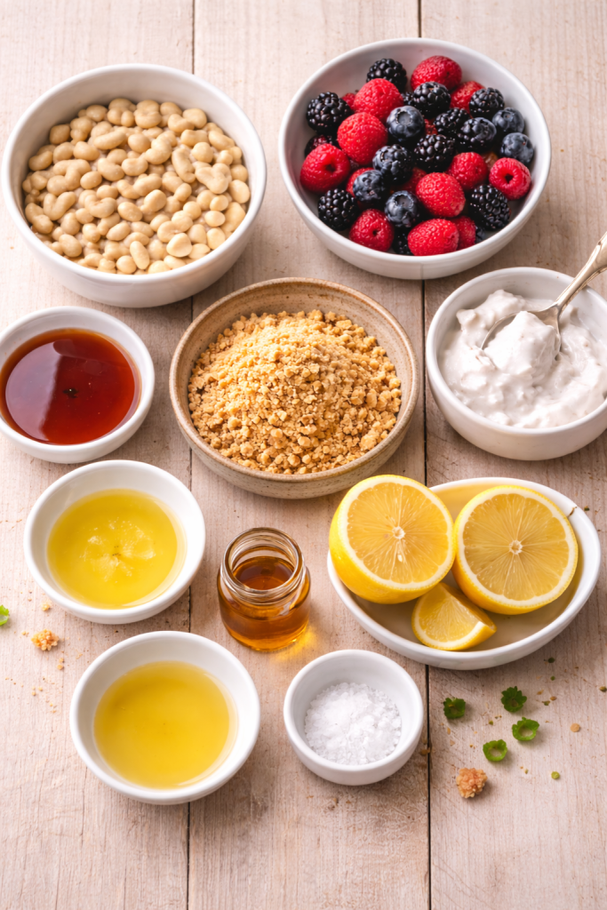 Ingredients for vegan no bake cheesecake arranged on a light wooden table including cashews, coconut cream, lemon and berries