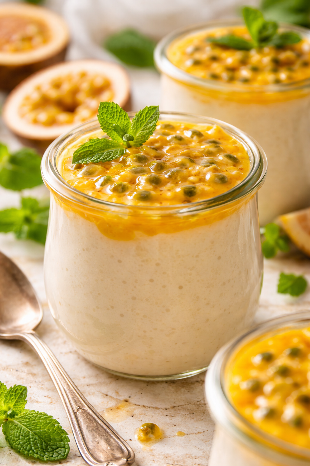 Vegan passion fruit pudding in a glass topped with fresh passion fruit and mint