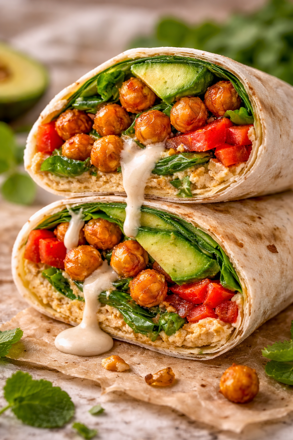 Vegan wrap with roasted chickpeas, avocado, spinach and tahini sauce cut in half on a rustic surface
