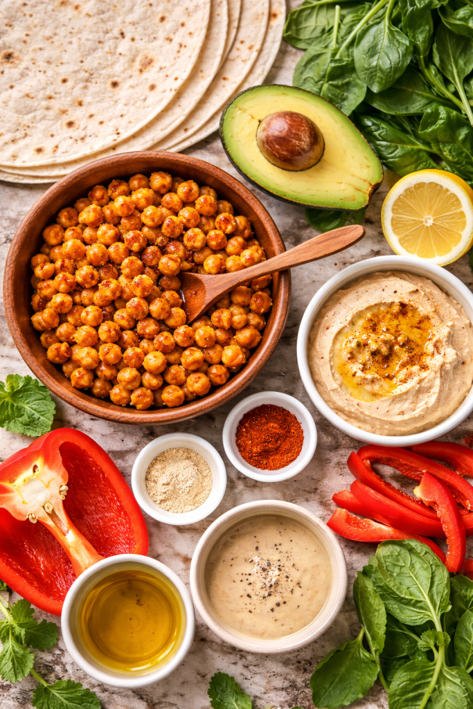 Ingredients for vegan wrap recipe including chickpeas, avocado, hummus, spinach and bell peppers on a light surface
