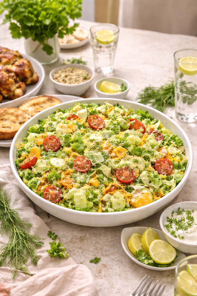 Colorful vegetable salad in a large bowl served on a family-style table with fresh herbs, lemon, and light dressing