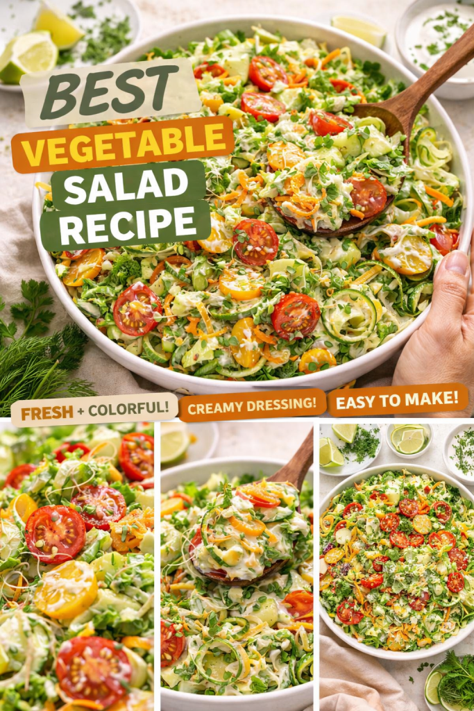 Colorful vegetable salad recipe with fresh veggies, creamy dressing, and layered textures shown in a Pinterest-style collage