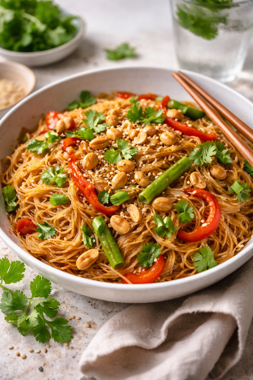Vermicelli noodles with vegetables and peanuts in a bowl, served as a light and healthy lunch