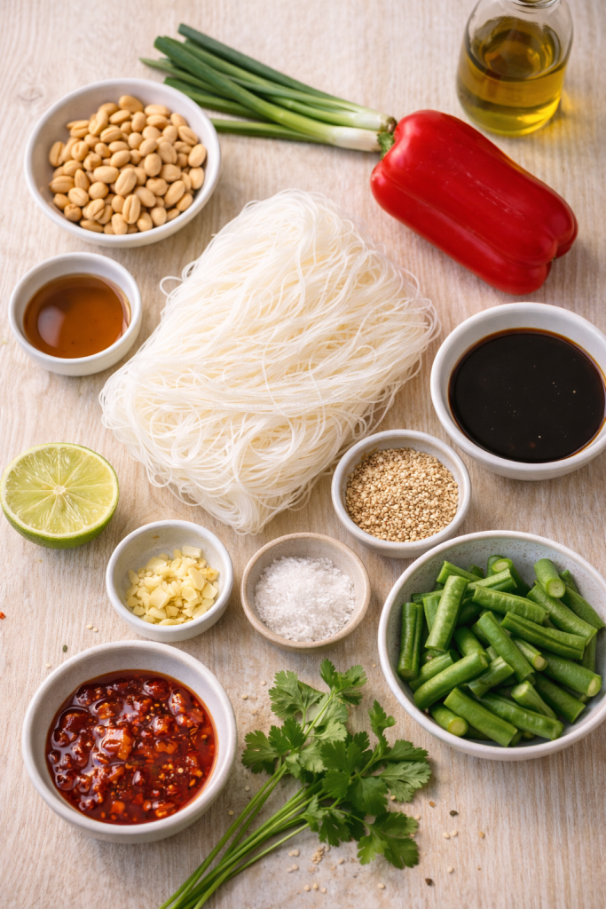 Fresh ingredients for vermicelli noodles arranged on a light wooden table, including vegetables, herbs, noodles and sauces