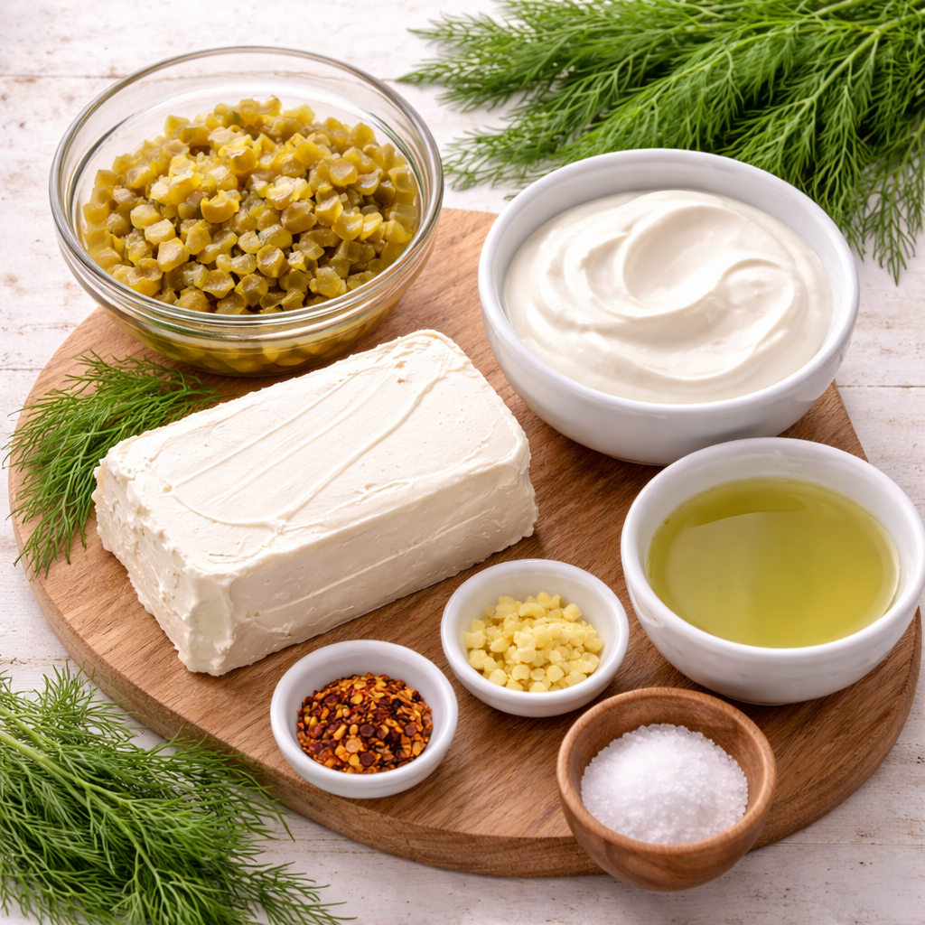 ingredients for viral pickle dip with cream cheese dill pickles sour cream garlic and dill grillo’s style