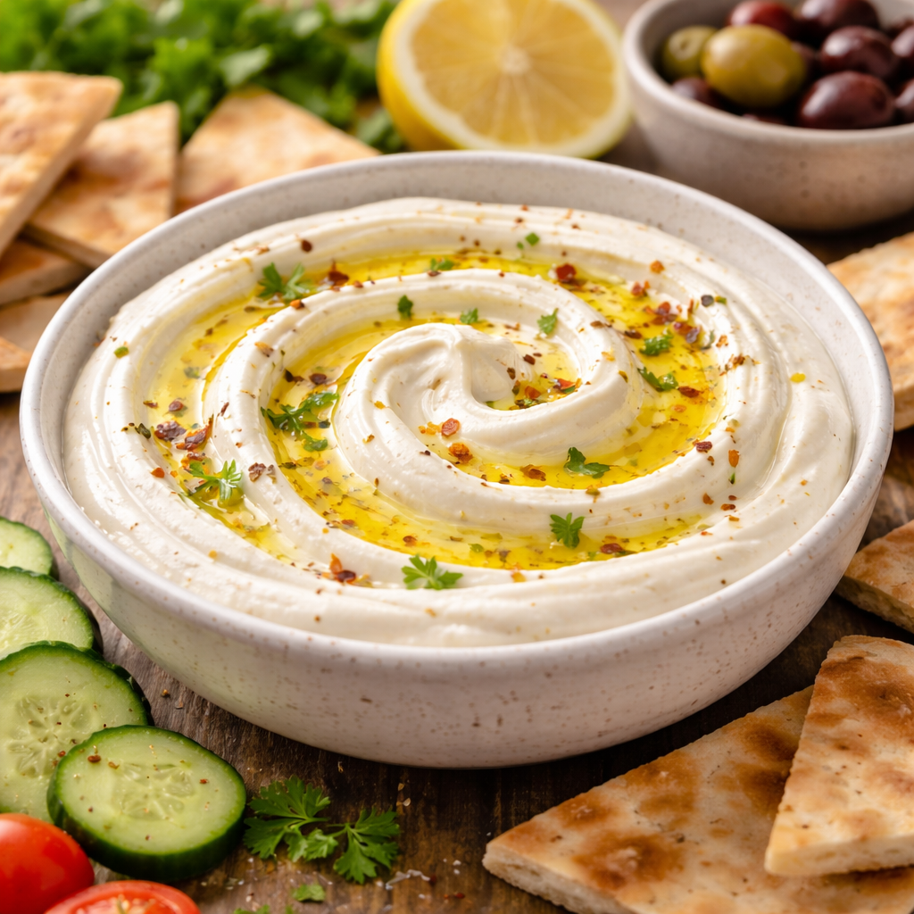 whipped feta dip recipe in bowl with creamy swirl olive oil and chili flakes smooth texture