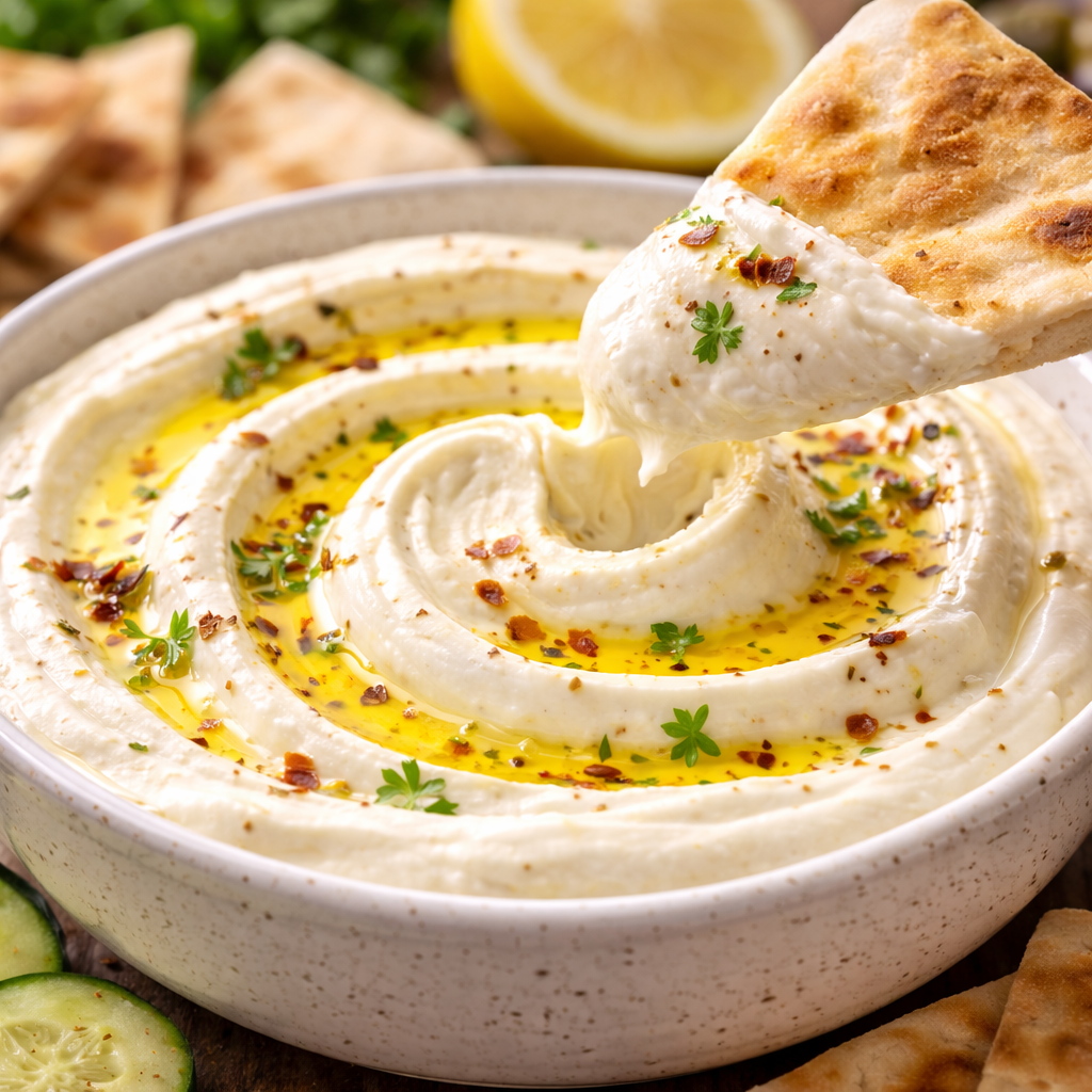 whipped feta dip being scooped with pita bread creamy texture olive oil chili flakes