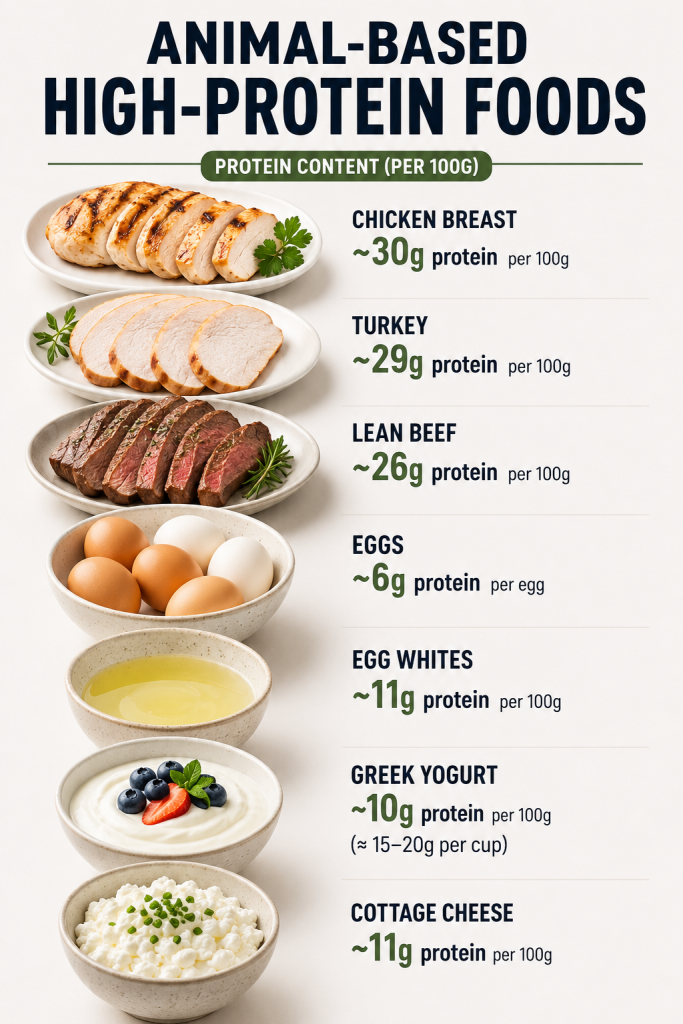 animal based high protein foods list with chicken turkey beef eggs yogurt and protein content per 100g