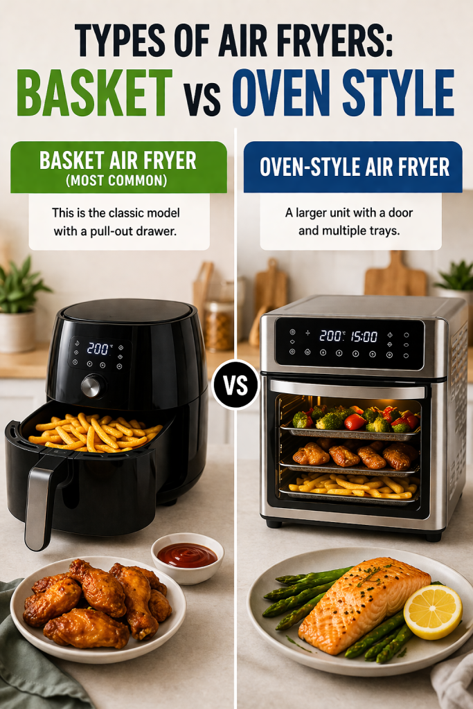 Basket vs oven air fryer comparison showing two types and their differences in cooking style and capacity