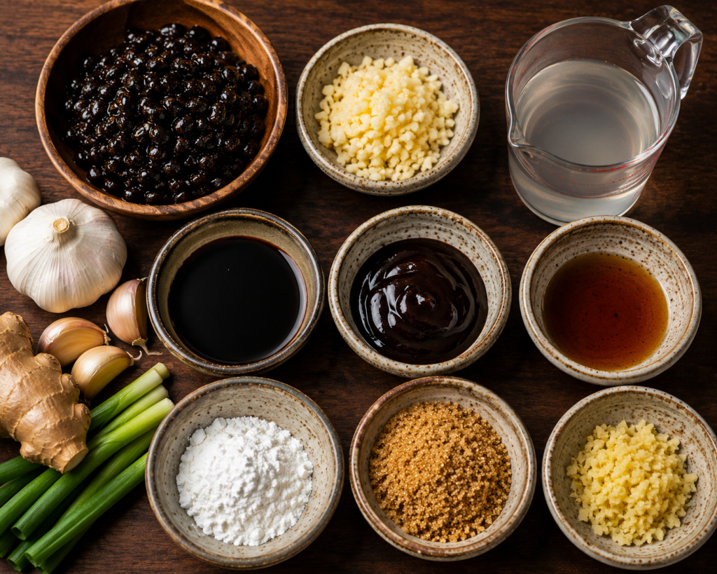 Ingredients for homemade black bean garlic sauce including fermented black beans, garlic, ginger, soy sauce, sesame oil, and green onions.