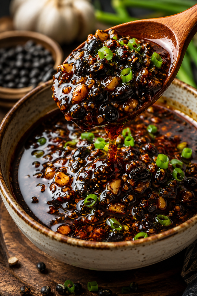 Glossy homemade black bean garlic sauce with garlic, fermented black beans, and green onions in a bowl.