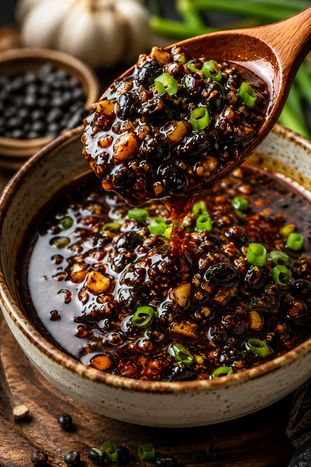 Glossy homemade black bean garlic sauce with garlic, fermented black beans, and green onions in a bowl.