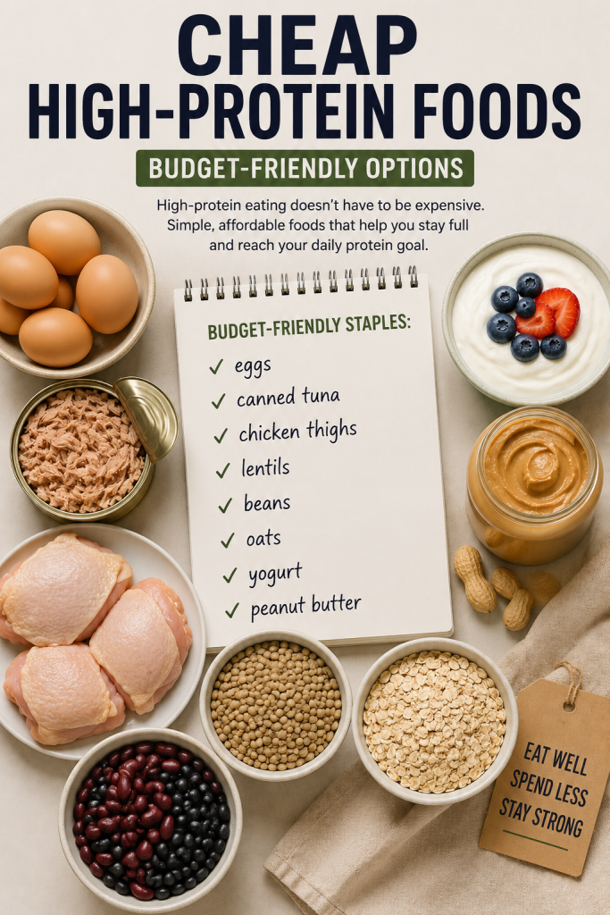cheap high protein foods including eggs tuna chicken thighs beans oats yogurt and peanut butter on a budget friendly list